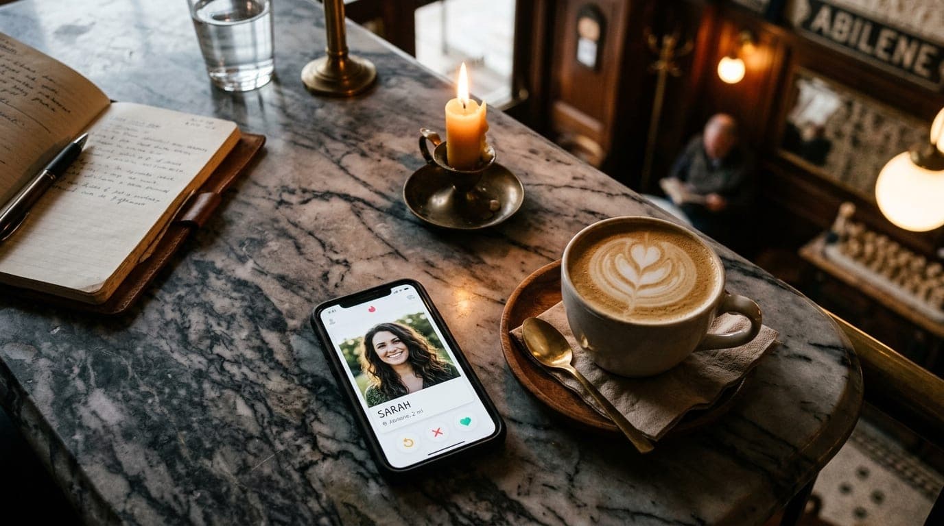 An overhead flat-lay of a marble bistro table in a dim Abilene cafe. A single smartphone showing a Bumble profile sits bes...
