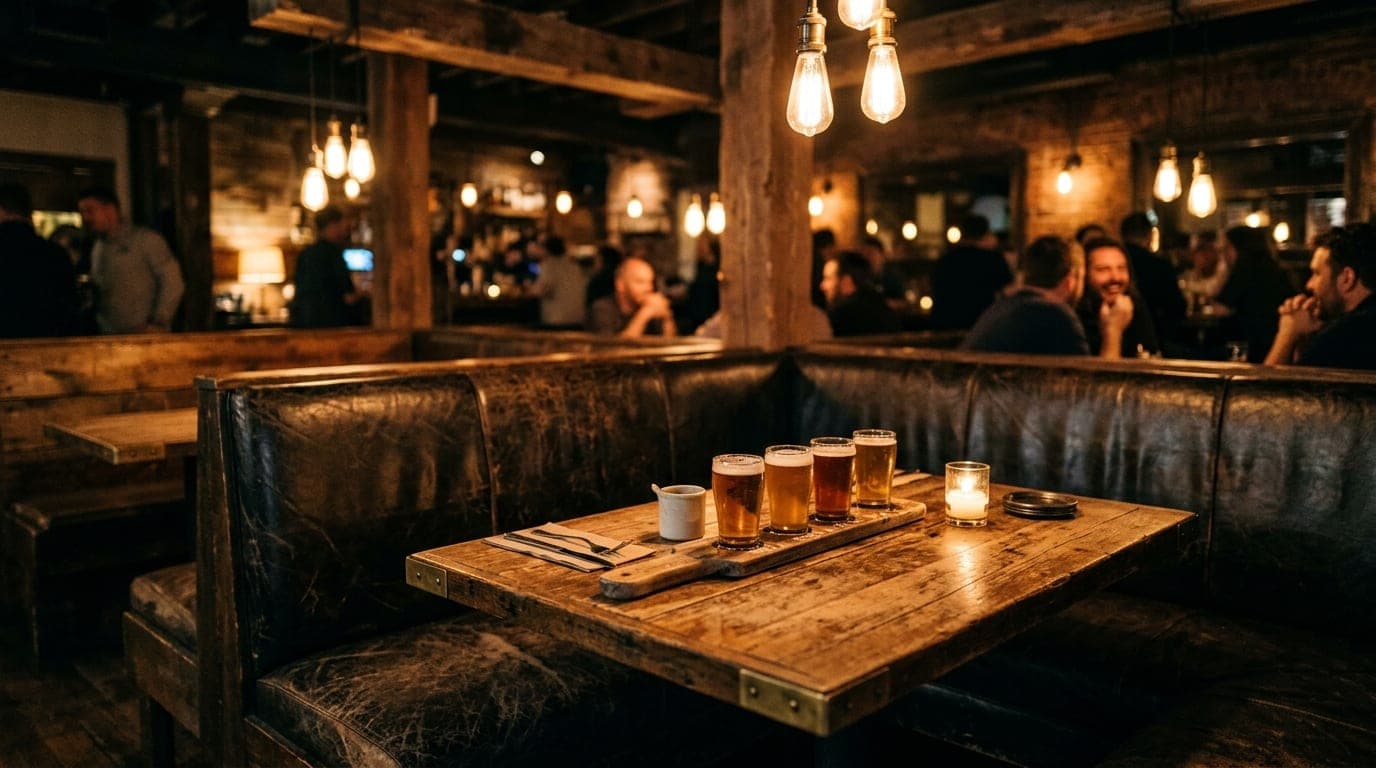 A wide shot of a weathered leather booth at Grain Theory. A craft beer flight sits on a rustic table, catching the warm, h...