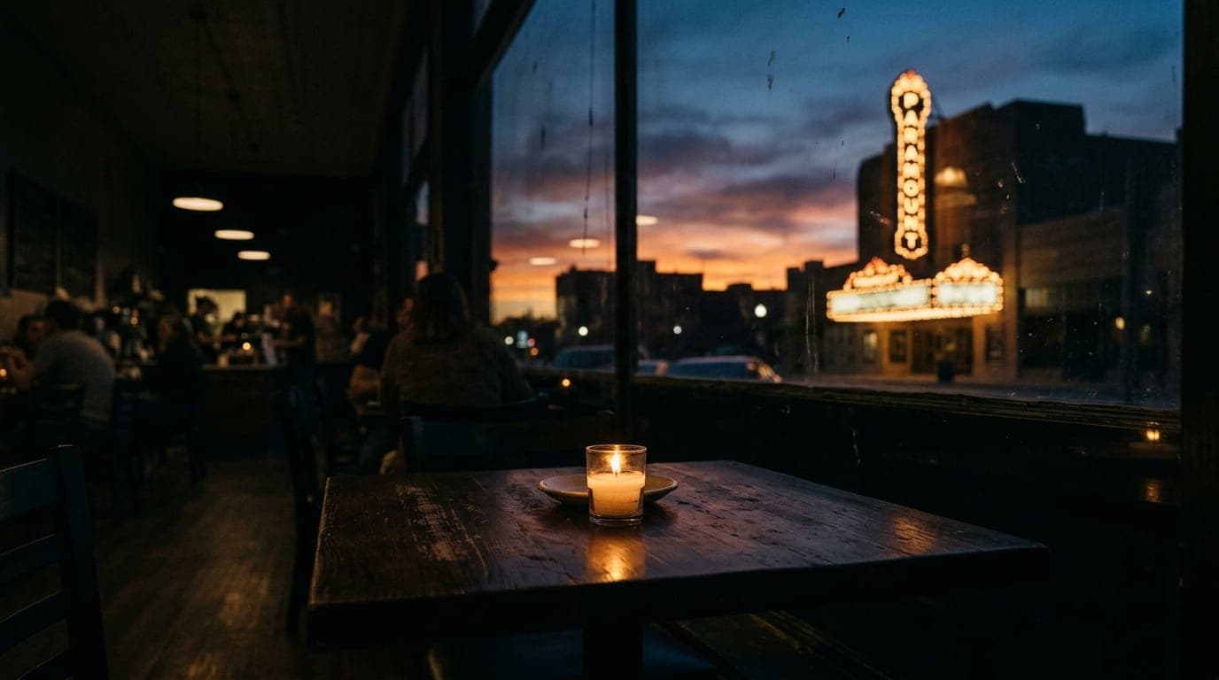 A medium shot captured through a dim window, focusing on a flickering candle on a dark cafe table. Abilene’s iconic Paramo...