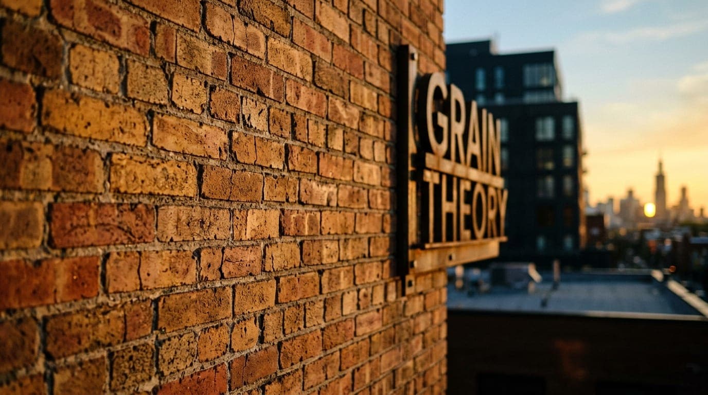 An 85mm close-up captures the weathered brick exterior of Grain Theory at high noon, the shallow depth of field blurring t...