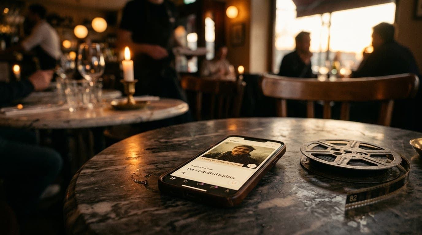 A weathered leather Hinge profile page glows on a smartphone screen resting on a marble bistro table. Beside it, a single...