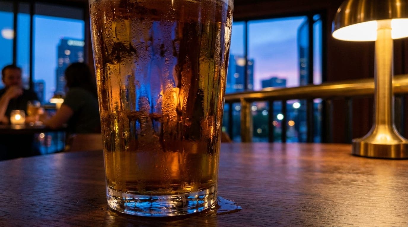 A 100mm macro shot captures a chilled craft beer glass at Grain Theory, condensation dripping down the side, reflecting gl...