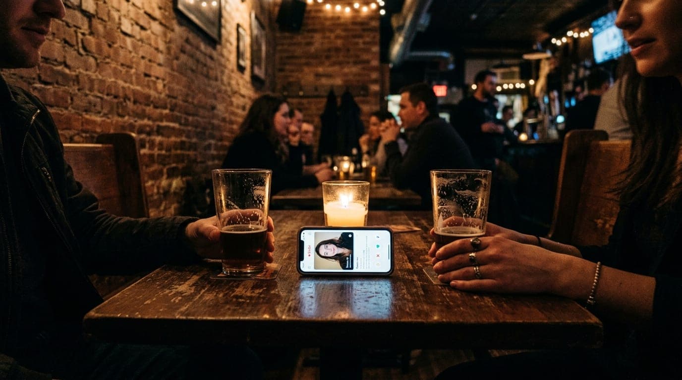 A medium shot captures a candle-lit booth at The Mill. A smartphone displays a Tinder profile, centered on a rustic wooden...