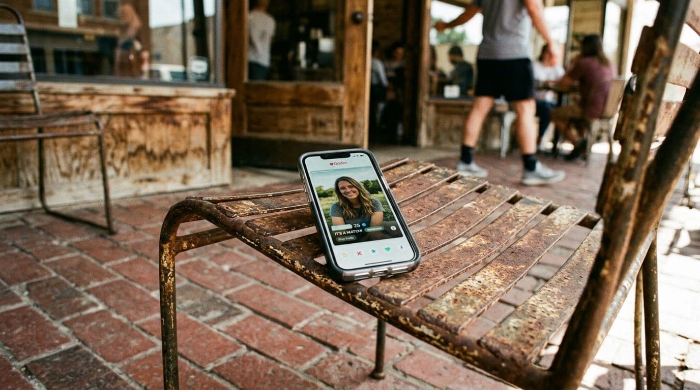 A silver smartphone displaying an active Tinder match sits on a rusted metal patio chair at Grain Theory. Noon sun casts s...