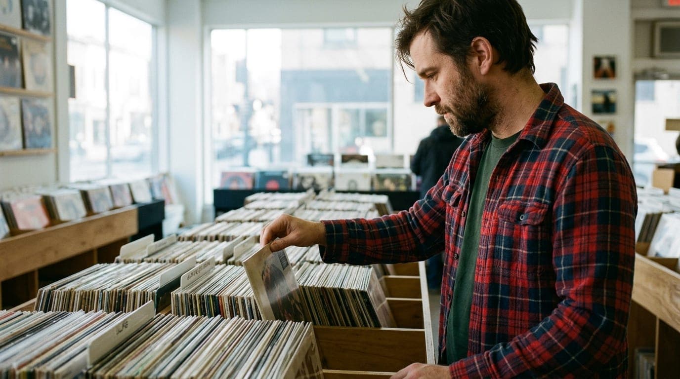 A man in a flannel shirt browses vinyl at Square Records under bright noon window light, his hand touching a record sleeve...