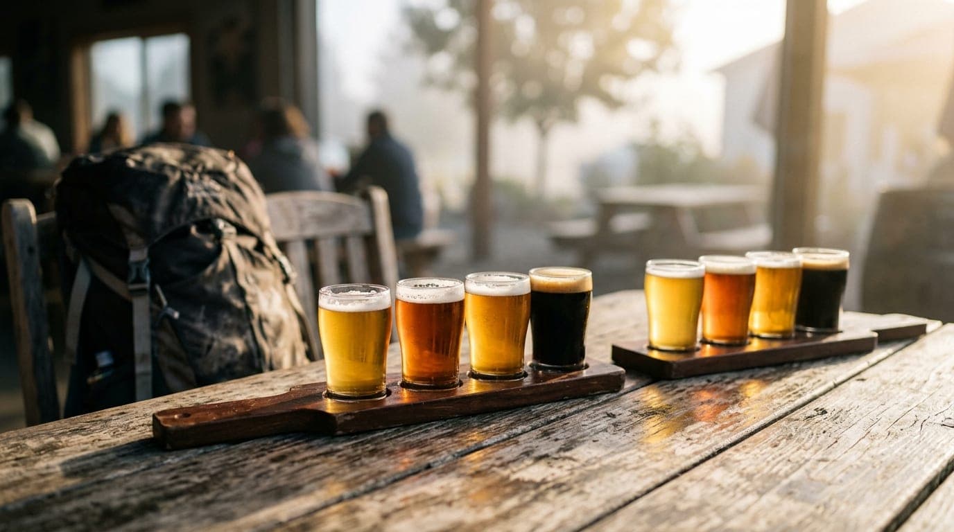 Golden hour light hits two craft beer flights on a weathered wooden table at HiHO Brewing, with a blurred hiker’s backpack...