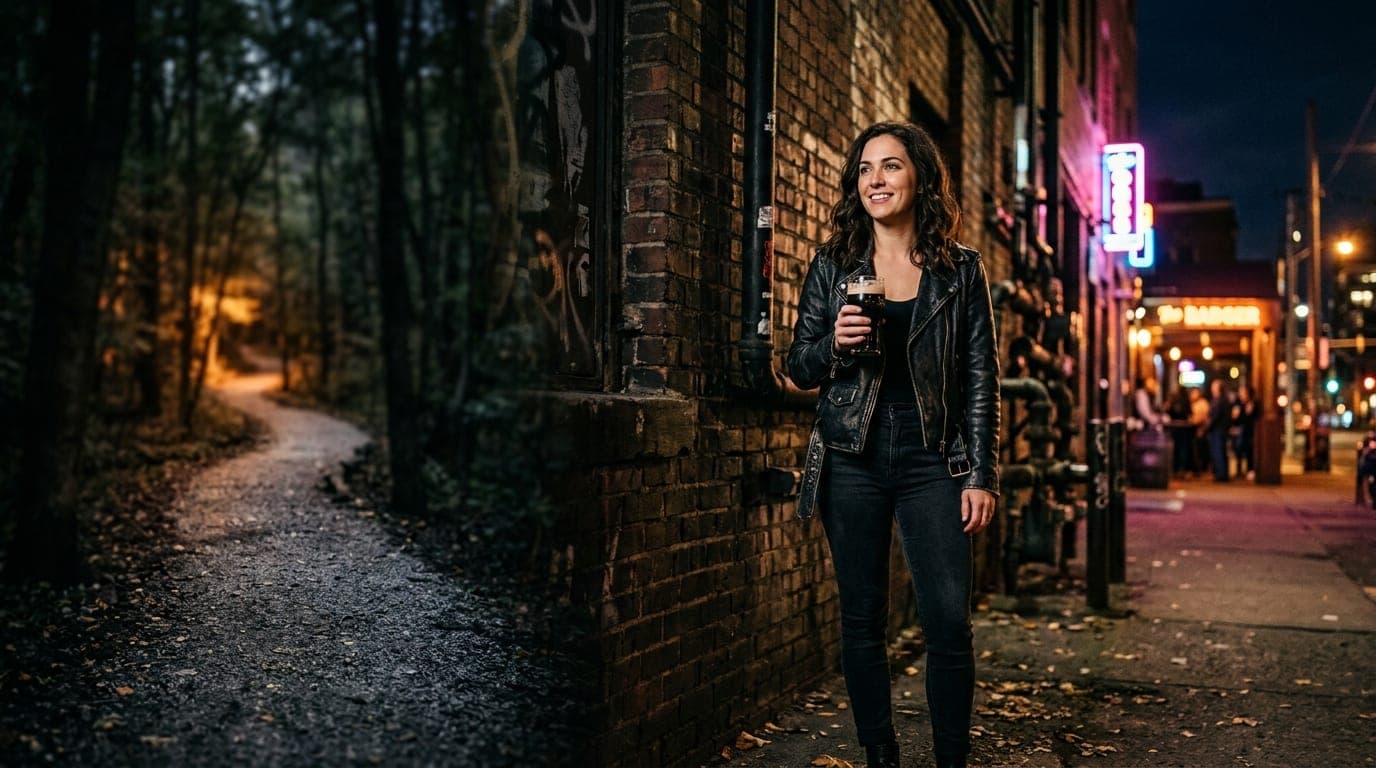A woman in a leather jacket stands near an industrial brick wall at the Ledges, holding a craft beer. Low-angle shot, midn...
