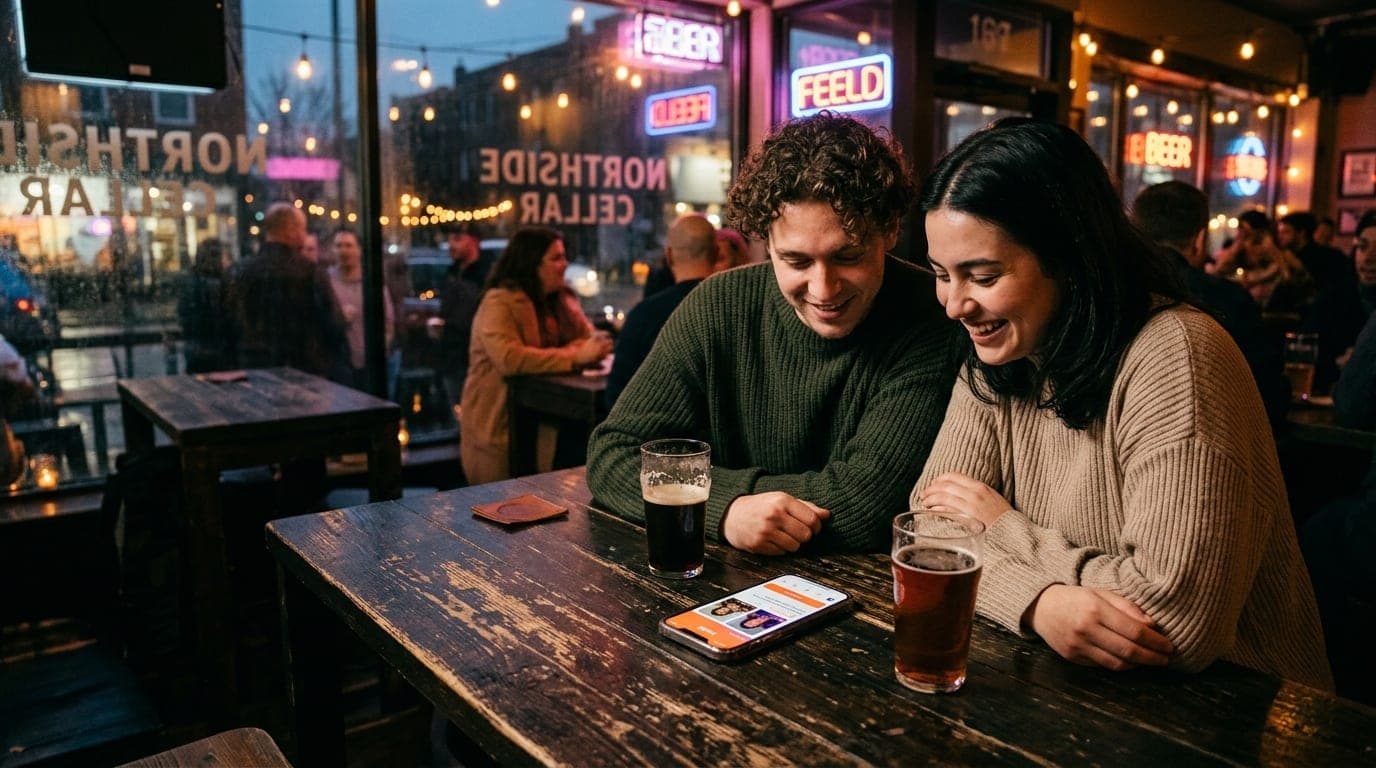 35mm documentary shot. Two people in oversized sweaters sit at a dimly lit wooden table at Northside Cellar, a smartphone...