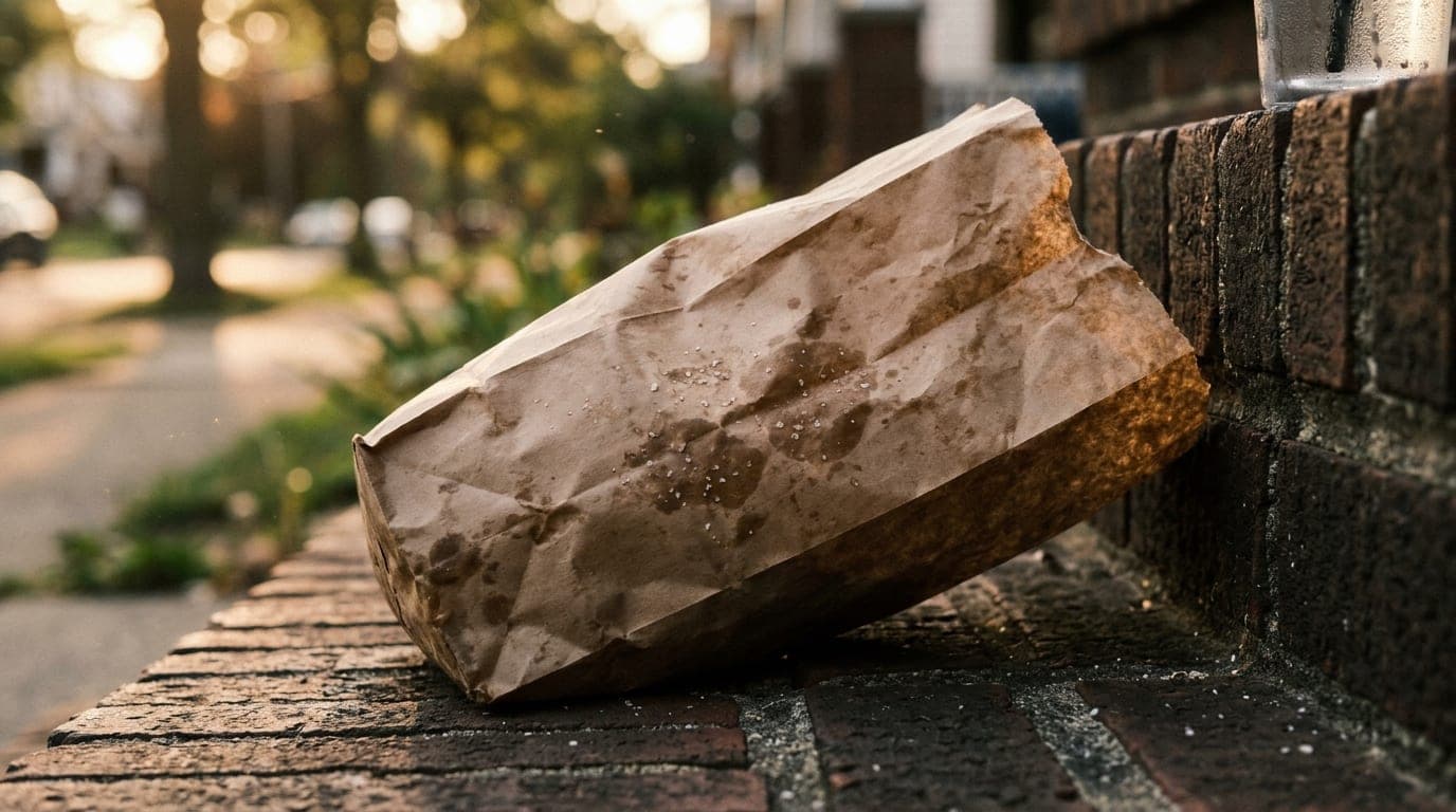 A 100mm macro shot captures a weathered, salt-crusted Swensons paper burger bag resting on a Highland Square brick stoop d...