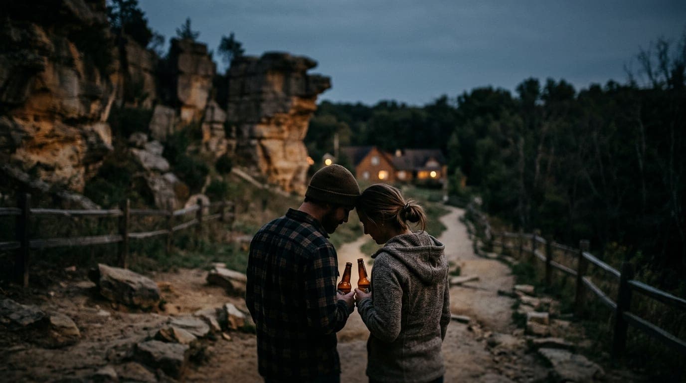 Over-the-shoulder view of a couple holding craft beers, silhouettes framed by the jagged sandstone cliffs of The Ledges at...