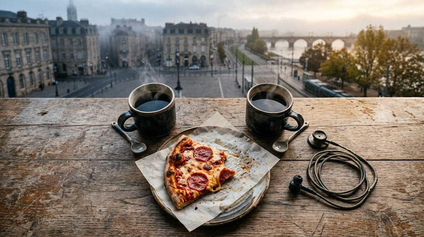 An overhead flat-lay on a weathered wooden table features two steaming mugs of black coffee, a pair of worn stethoscope ea...