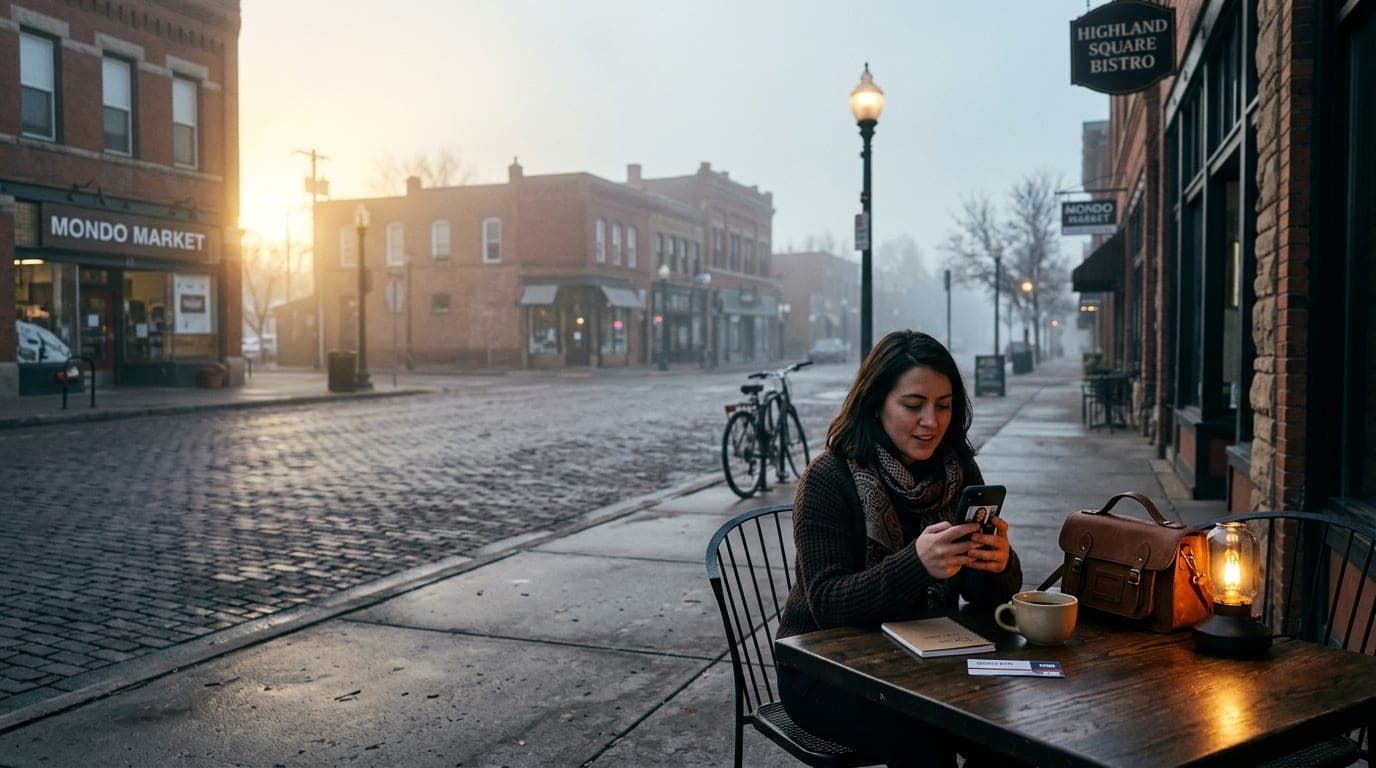 A woman sits alone at a Highland Square bistro table, checking a video call on her smartphone. Beside her, a leather handb...
