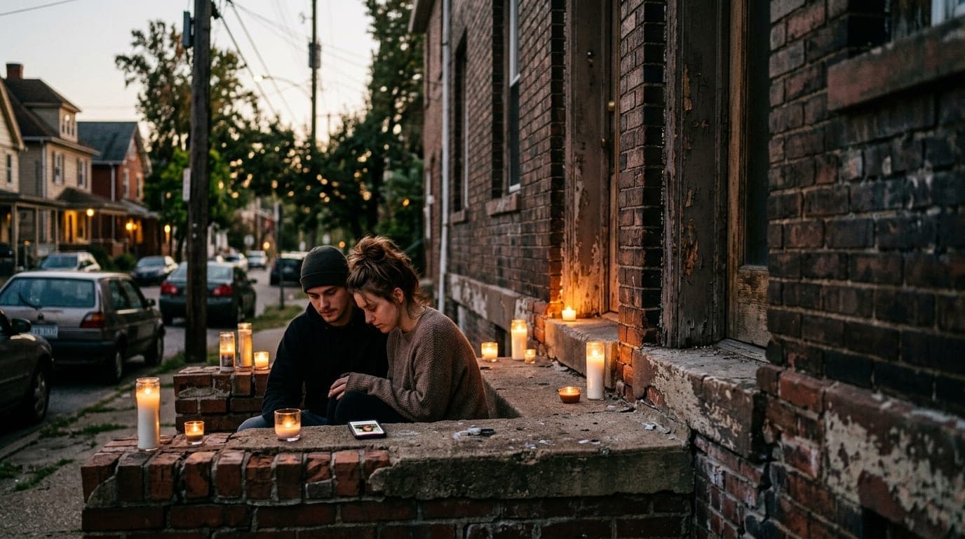 A couple sits on a crumbling brick stoop in Highland Square, bathed in warm candle-lit shadows. A smartphone showing a Tin...