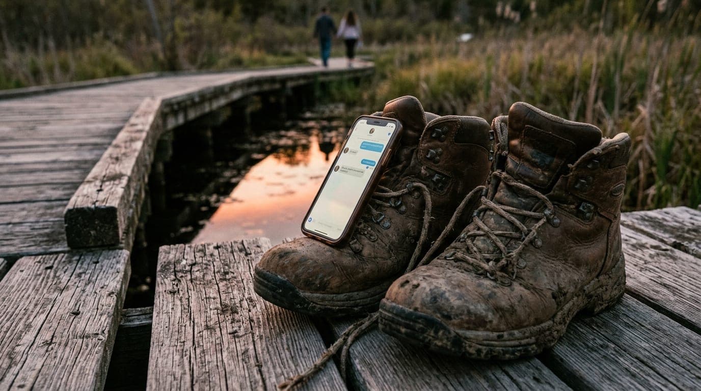 A pair of worn, muddy hiking boots rests on the weathered wooden planks of the Beaver Marsh boardwalk at sunset. A smartph...