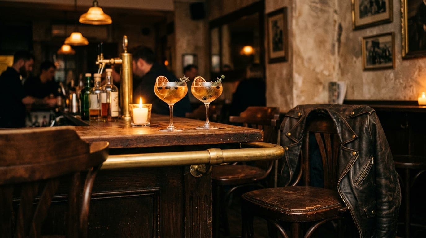 A medium shot shows a wooden bar table at Savoy Taproom. Two half-poured gin cocktails sit offset right. A discarded leath...