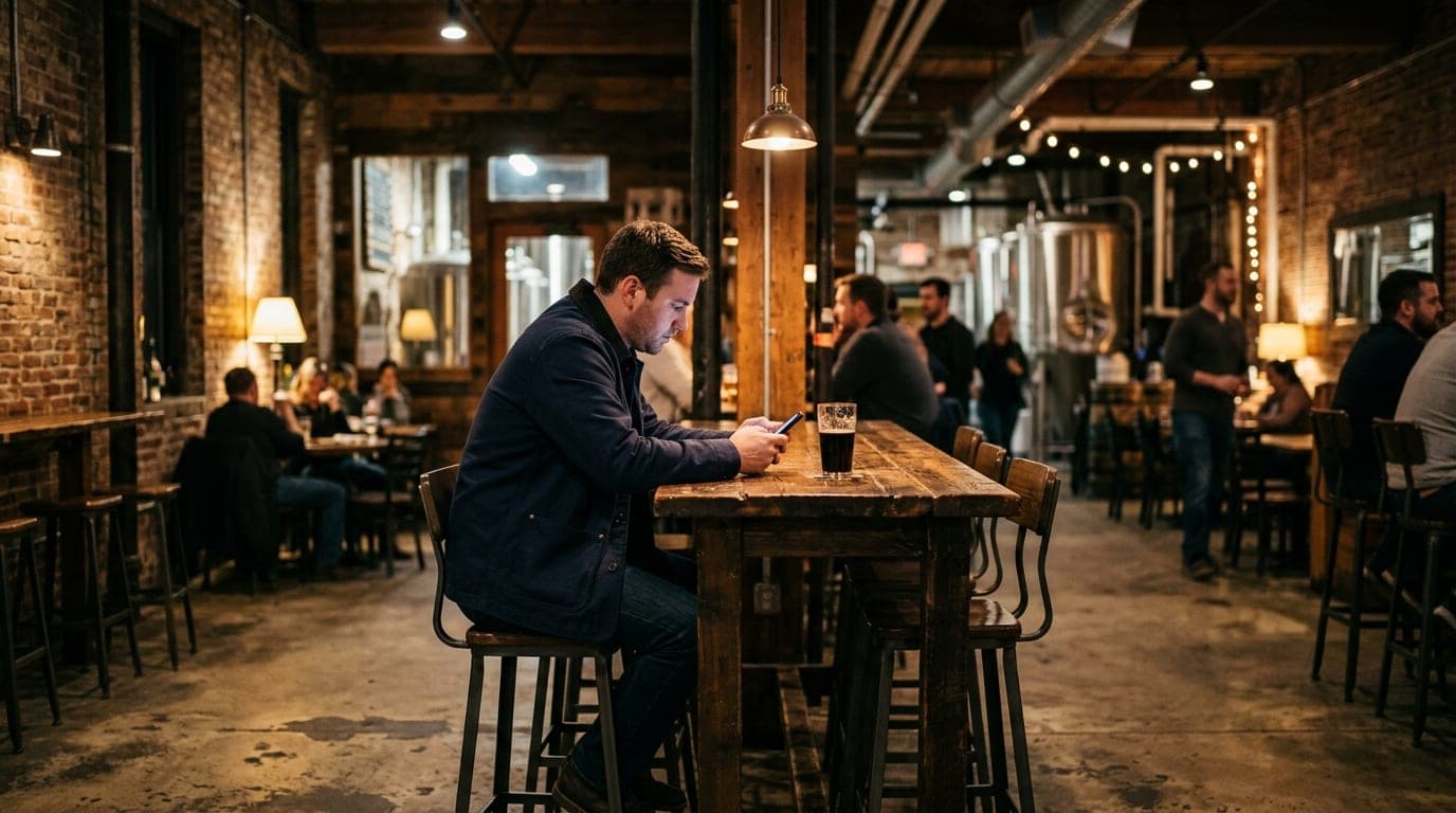 A man in a navy chore coat sits alone at a dimly lit, high-top wooden table inside a brewery, checking his smartphone. War...