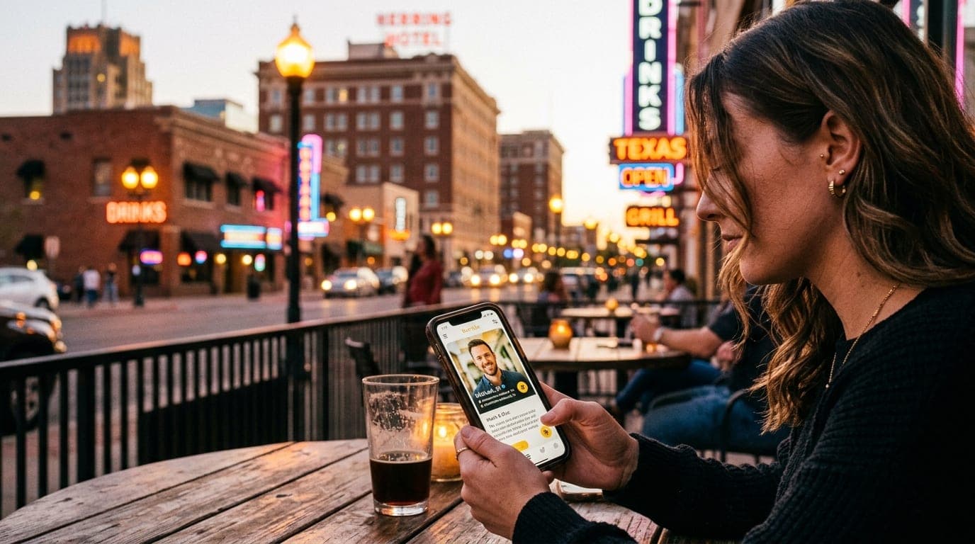 A 35mm documentary shot at golden hour. A woman sits on a downtown Amarillo patio, holding a smartphone showing a Bumble p...