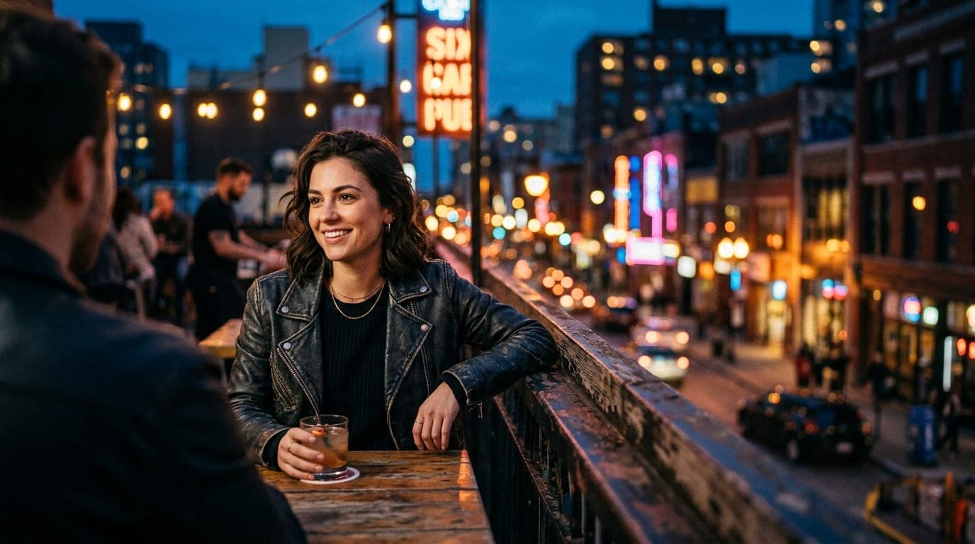 An 85mm portrait at blue hour, capturing a woman in a leather jacket leaning against a Six Car Pub railing, soft city ligh...