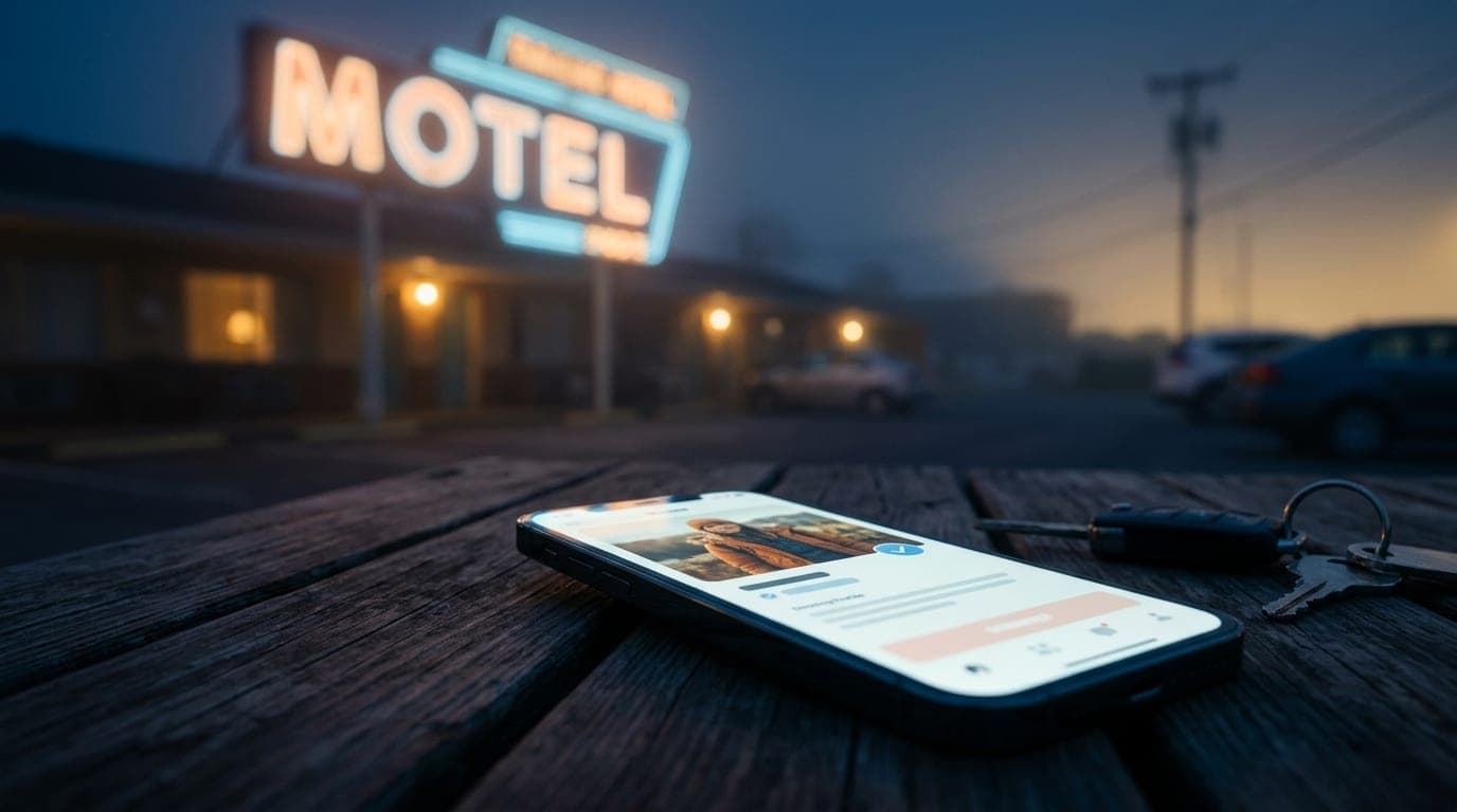 Low-angle hero shot of a polished smartphone screen displaying a verified Feeld profile, resting on a rustic wooden table...