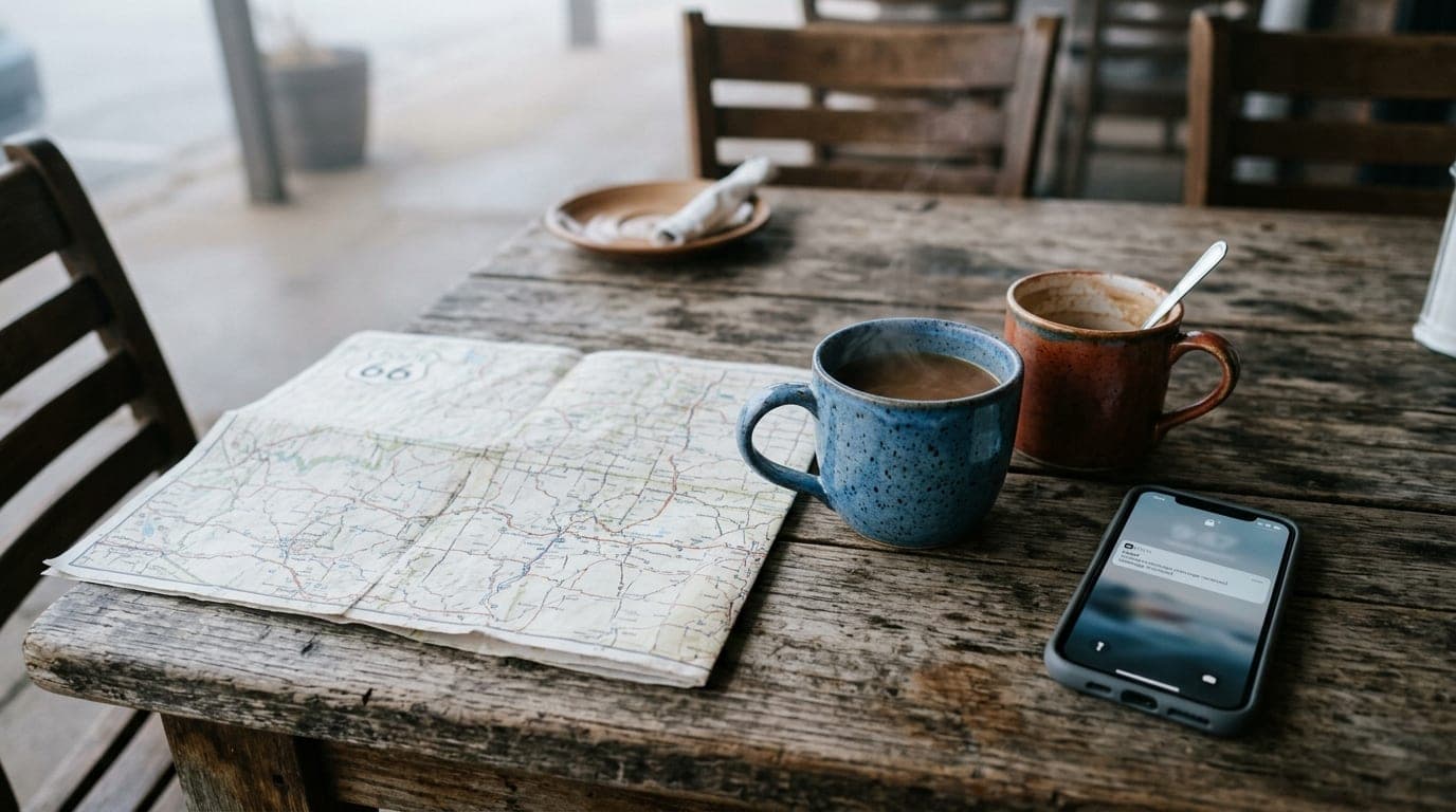 Overhead flat-lay on a weathered wooden table at The 806: two ceramic mugs, a folded Route 66 map, and a smartphone screen...