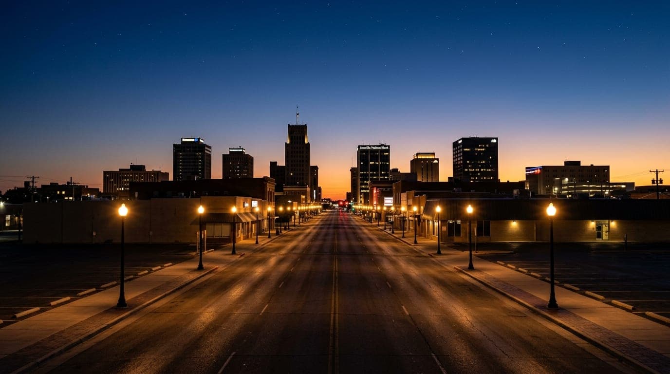 A symmetric, wide-angle shot of the Amarillo skyline at twilight. Warm tungsten streetlights illuminate the empty downtown...