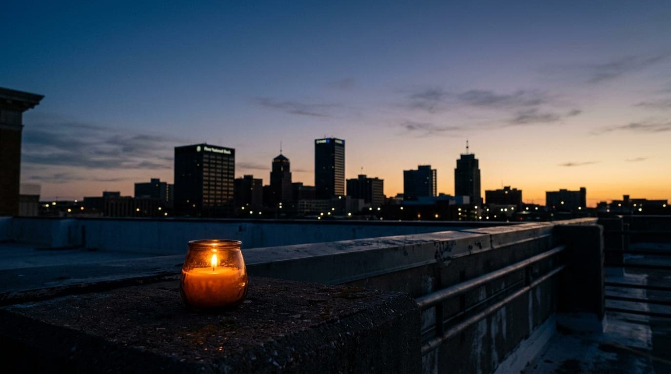 An amber-hued votive candle sits on a dark rooftop ledge in the foreground, framing the distant, silhouetted skyline of do...