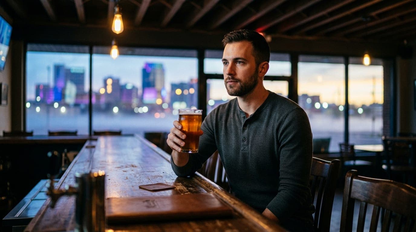Low-angle hero shot showing a man in a crisp charcoal henley sitting inside a dimly lit Amarillo craft pub, holding a cold...