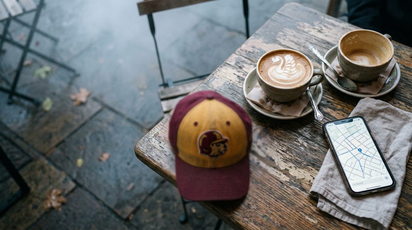 A 35mm documentary shot, overcast morning. An overhead flat-lay on a weathered outdoor table at Palace Coffee: two half-fi...