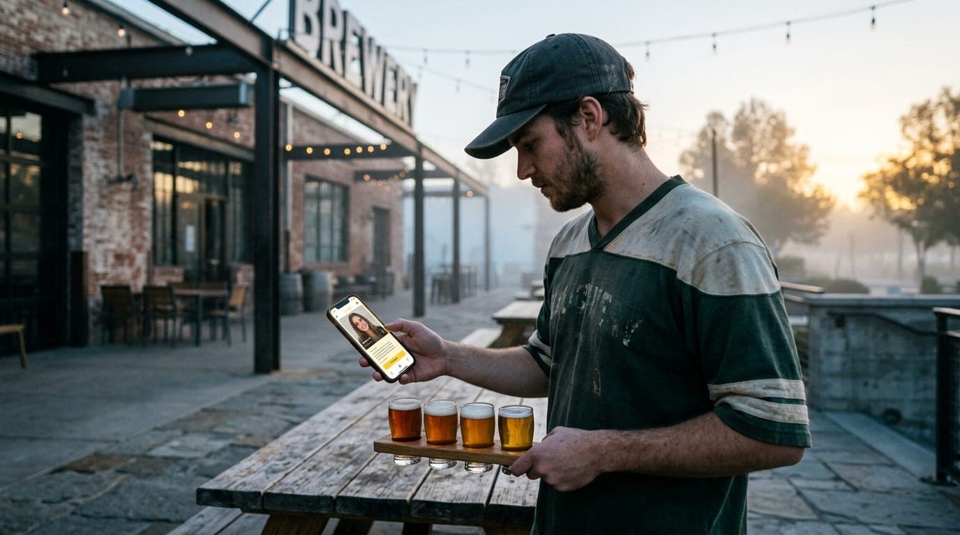 A man in a baseball cap and vintage jersey stands offset right at a Packing District brewery, holding a craft flight while...