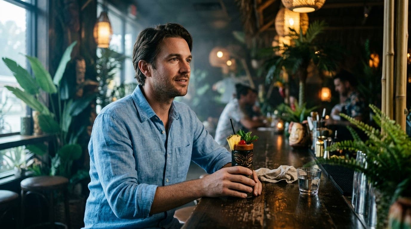 An 85mm portrait captures a man in a linen shirt offset left, holding a tiki cocktail at a moody, low-lit bar. Shallow dep...