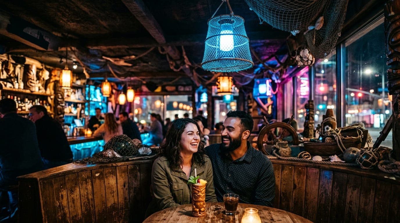A couple sits in a dimly lit, shipwreck-themed tiki bar booth, illuminated by blue lanterns. A ceramic tiki mug rests on t...