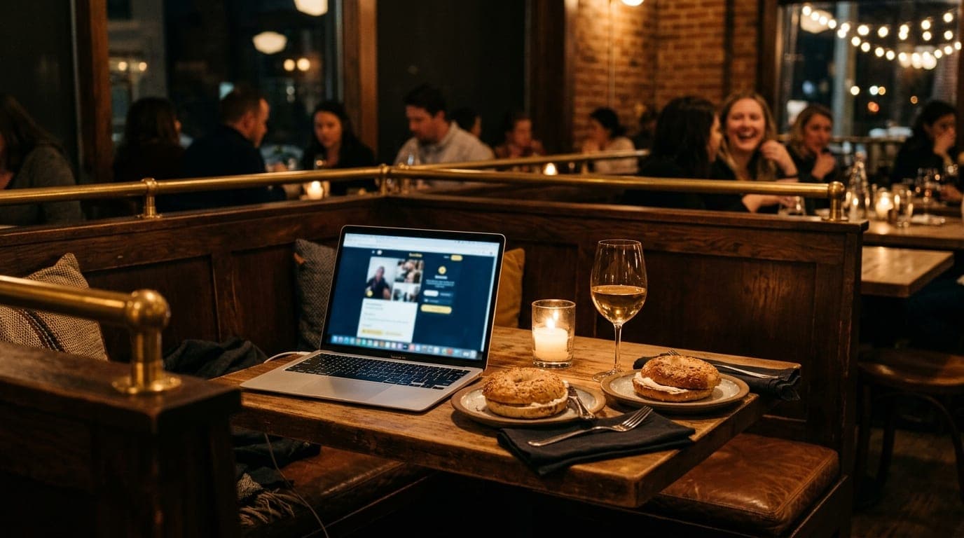A wide, warm-lit corner booth in a cozy Anchorage bistro. An open laptop showing a Bumble profile sits beside two steaming...