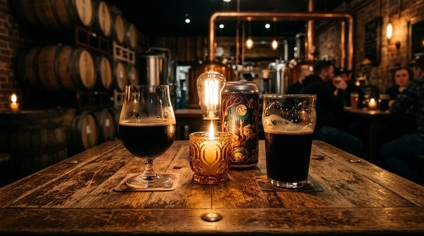 A medium shot inside a dimly lit brewery. Two half-poured glasses of dark stout sit on a scarred wooden table, centered be...