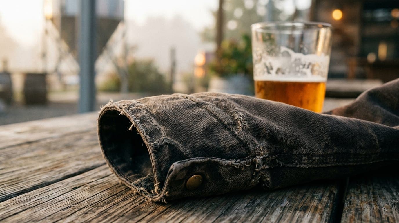 Extreme macro of a weathered, dark brown Carhartt jacket sleeve resting on a rustic wooden brewery table, with a half-empt...