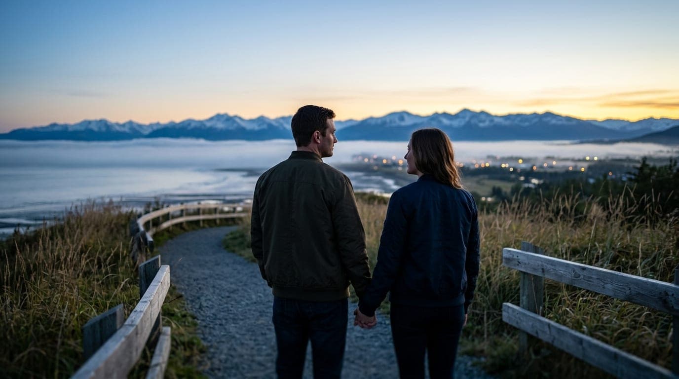 A couple in casual bomber jackets stands on the Coastal Trail near Lyn Ary Park during blue hour, selective focus highligh...
