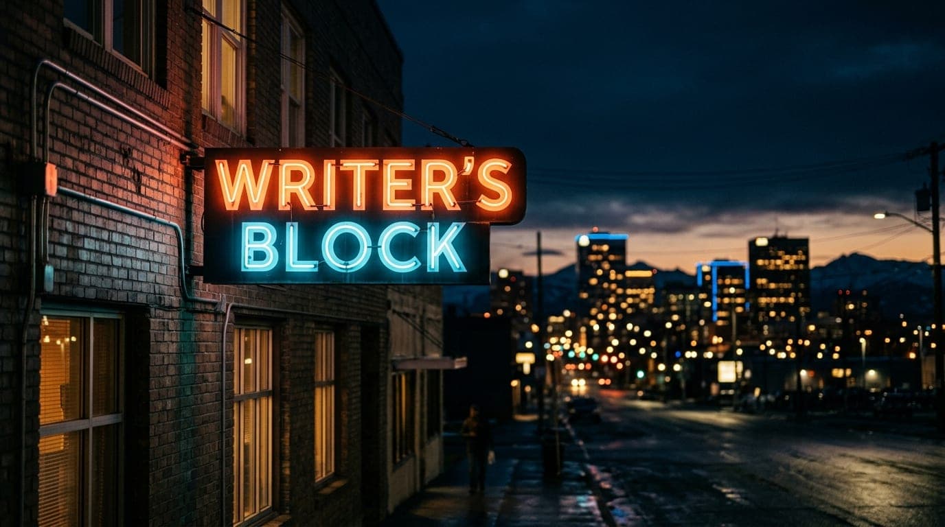 A low-angle, 85mm shot of the neon-lit Writer’s Block signage at midnight. The blurred Anchorage city skyline glows in the...