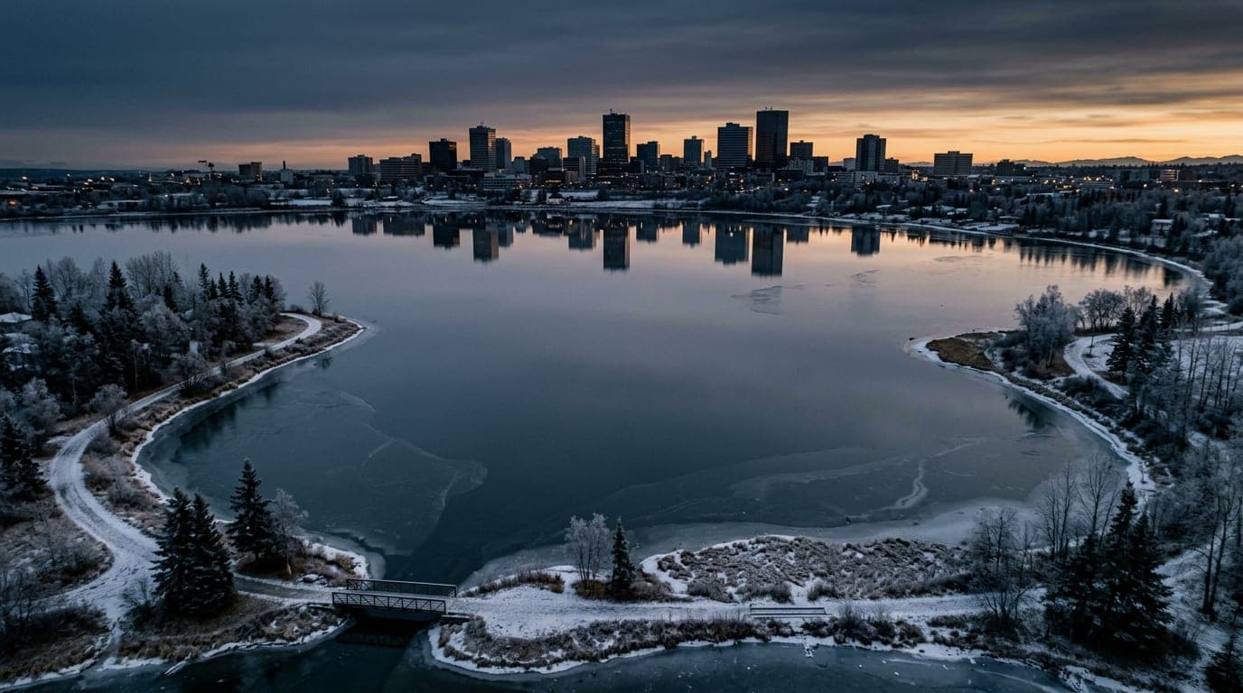 An overhead flat-lay of the Westchester Lagoon shoreline at dawn, captured with a 24mm wide-angle lens. The calm, icy wate...