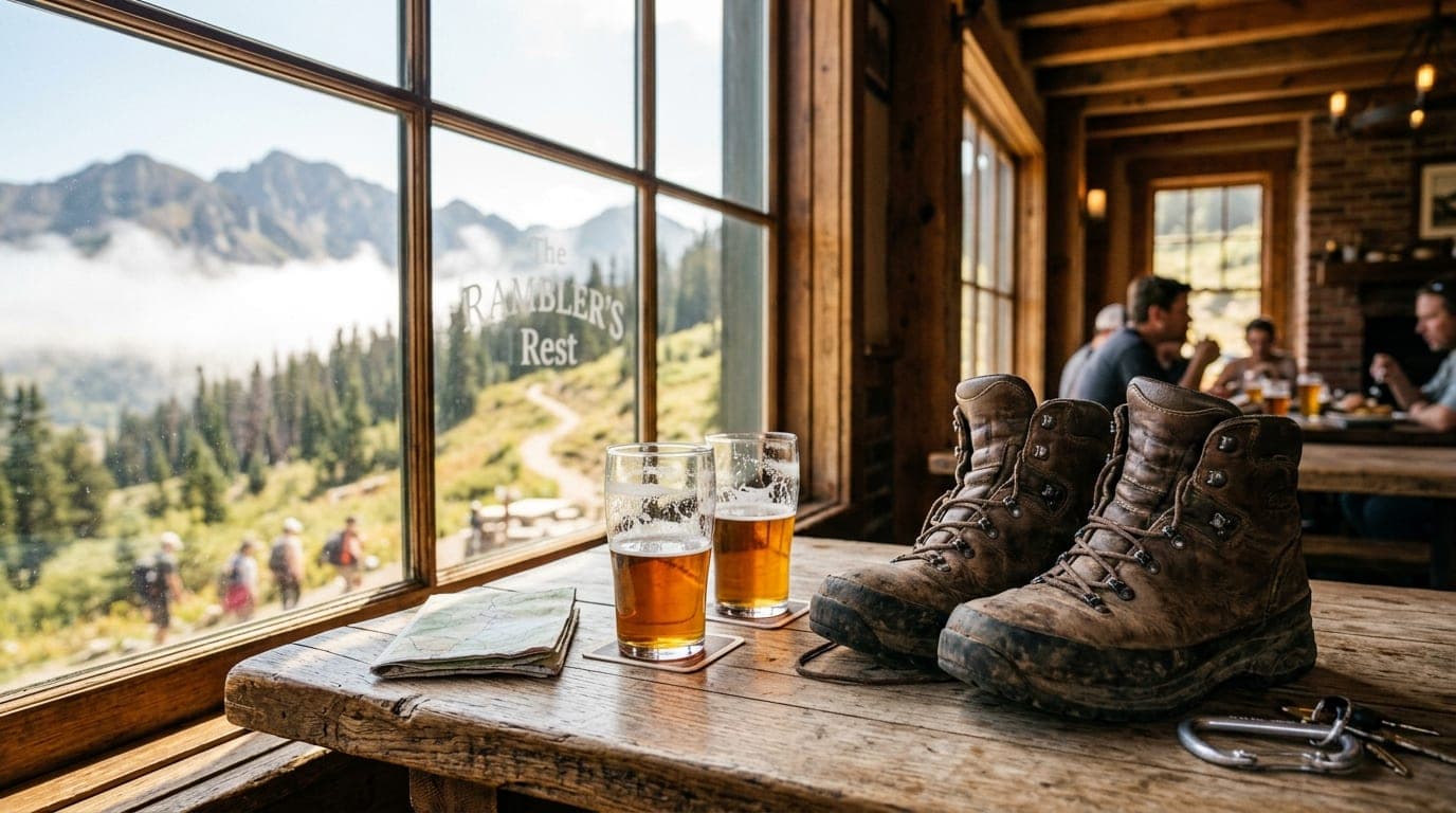 Noon light through a brewery window illuminates a pair of worn leather hiking boots resting on a rustic wooden table besid...