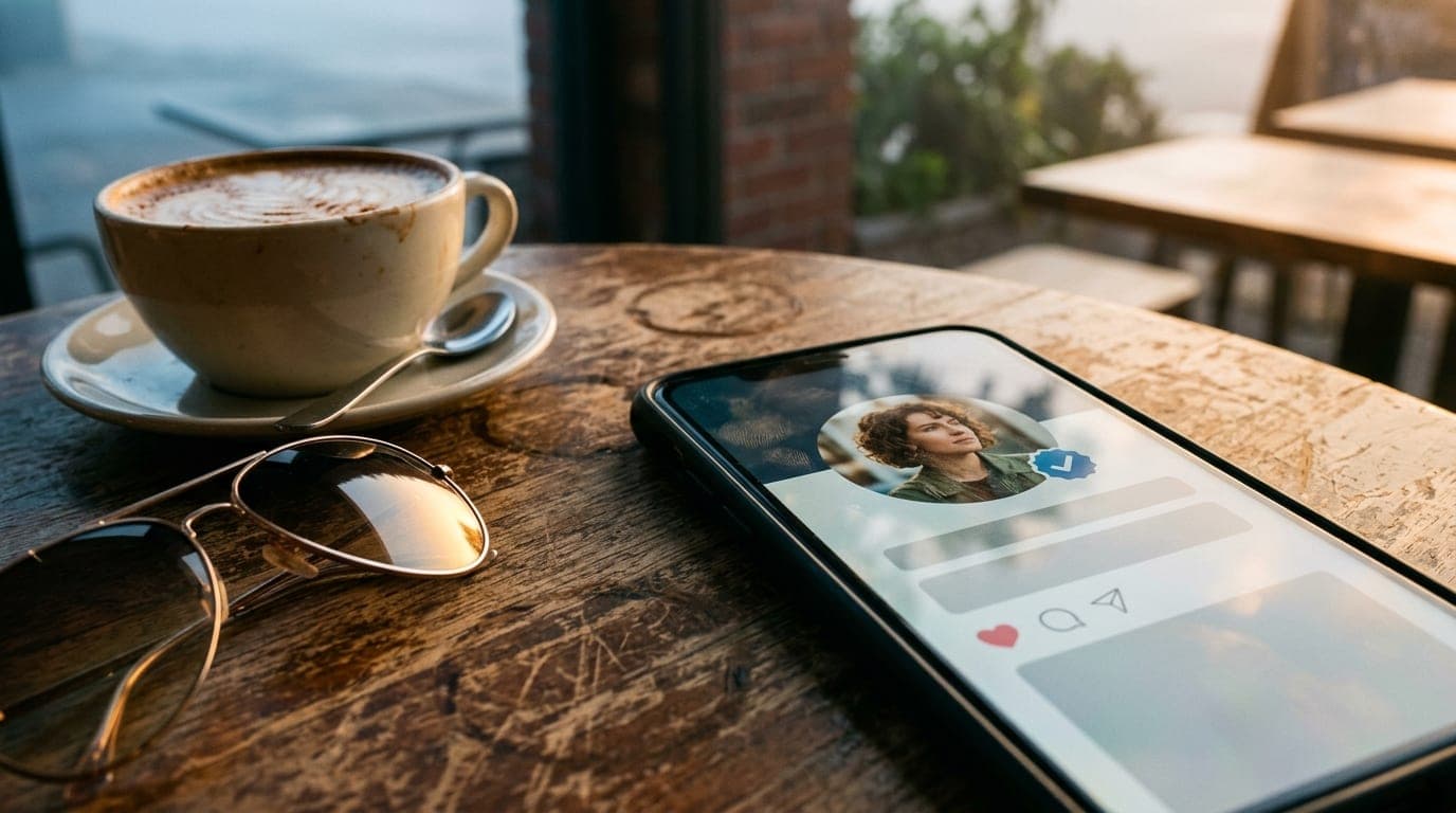 Golden hour light hits a smartphone screen displaying a verified social media profile, resting on a scratched cafe table n...