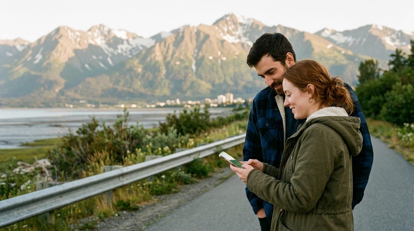 A couple in flannel parkas stands on the Coastal Trail, offset right. Midnight sun casts a golden, hazy glow over the Chug...