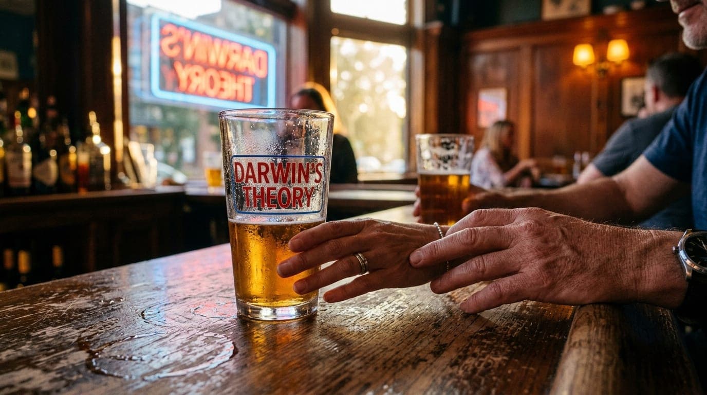 An extreme close-up macro captures a rain-slicked neon sign reflecting off a pint glass at Darwin’s Theory. A couple’s han...