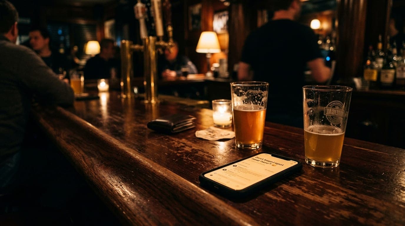 A low-angle shot from the edge of a dim, mahogany bar counter. A single smartphone sits screen-up displaying a local bagel...