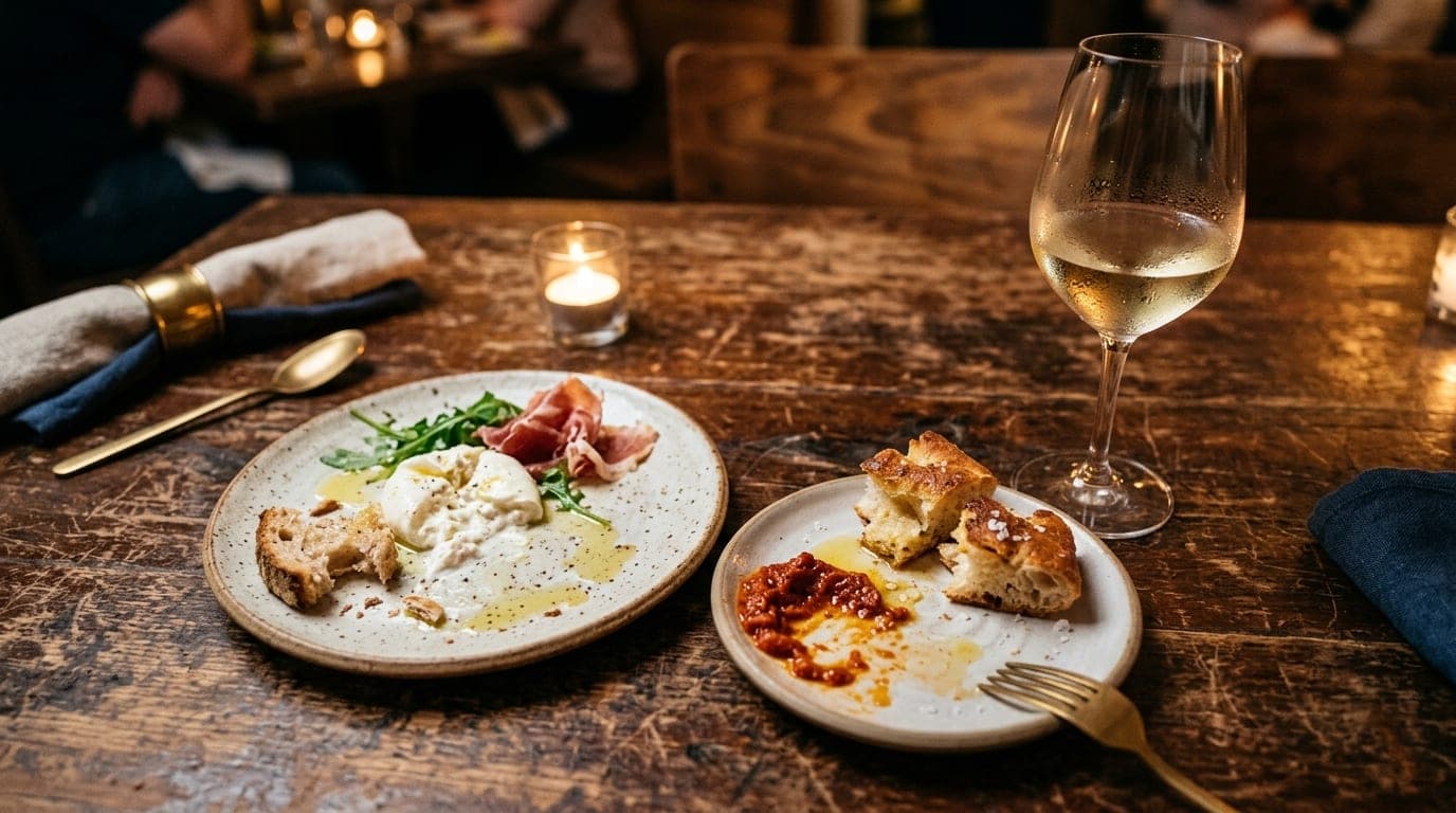 Overhead flat-lay, 100mm macro shot of a worn wooden table at Mani Osteria. Two half-eaten plates of small-bite appetizers...
