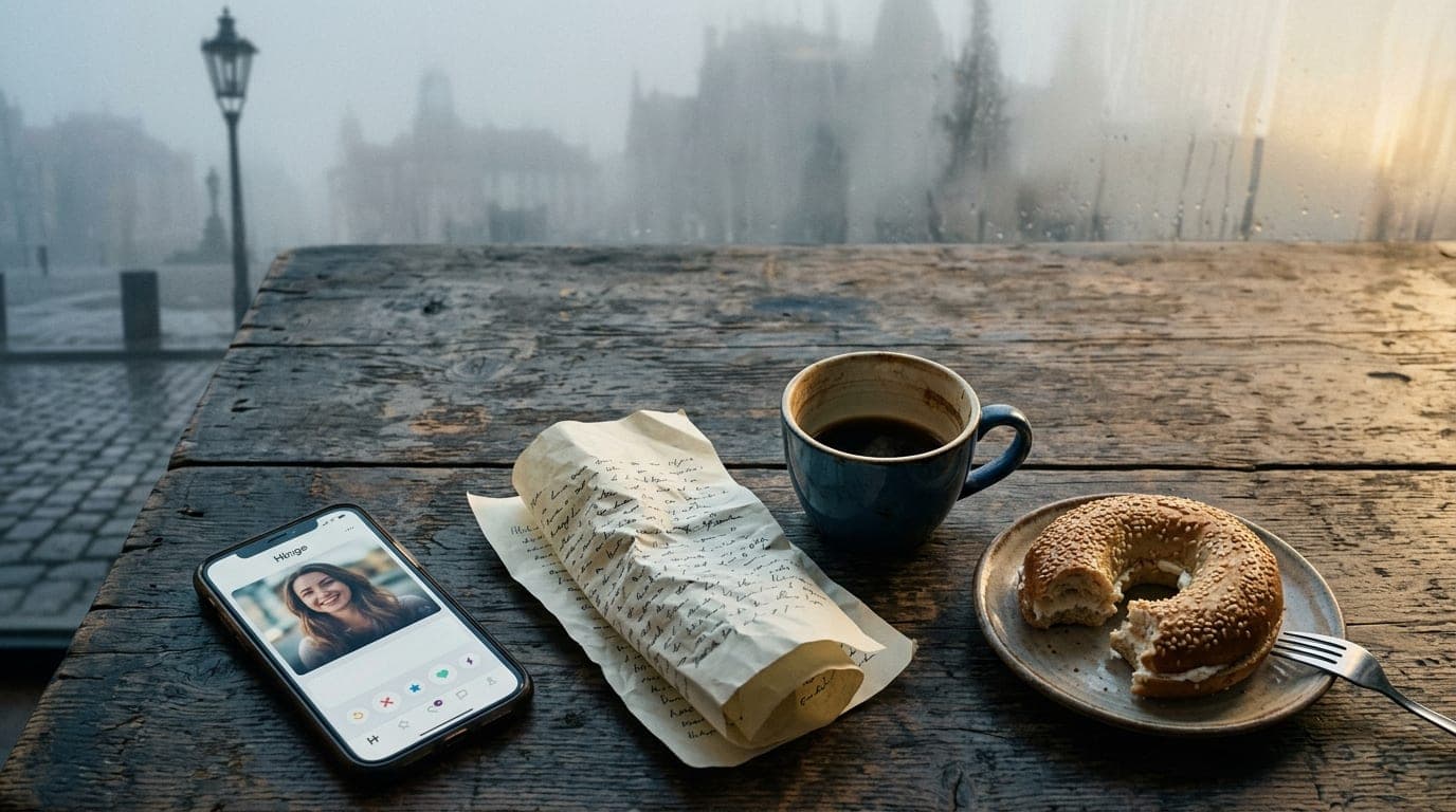 A 50mm natural perspective shot of a crumpled thesis draft and a half-eaten bagel on a weathered wooden table. A smartphon...