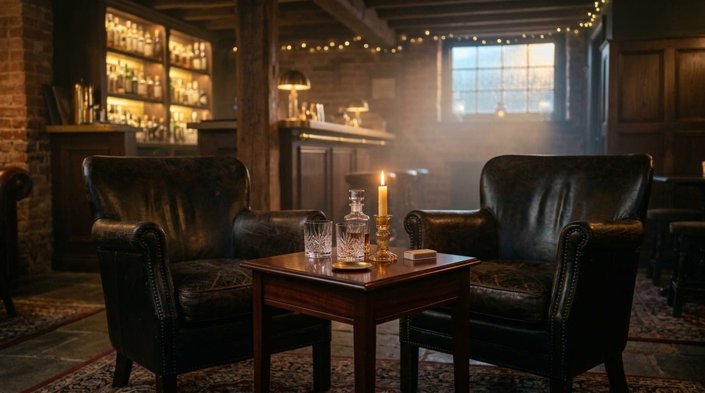 A wide establishing shot at eye level captures an intimate, candlelit corner of a moody, underground speakeasy. Two leathe...