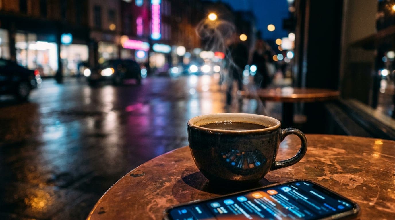 Extreme close-up, macro shot of a steaming ceramic coffee mug on a Copper Rock café table. A glowing smartphone screen ref...