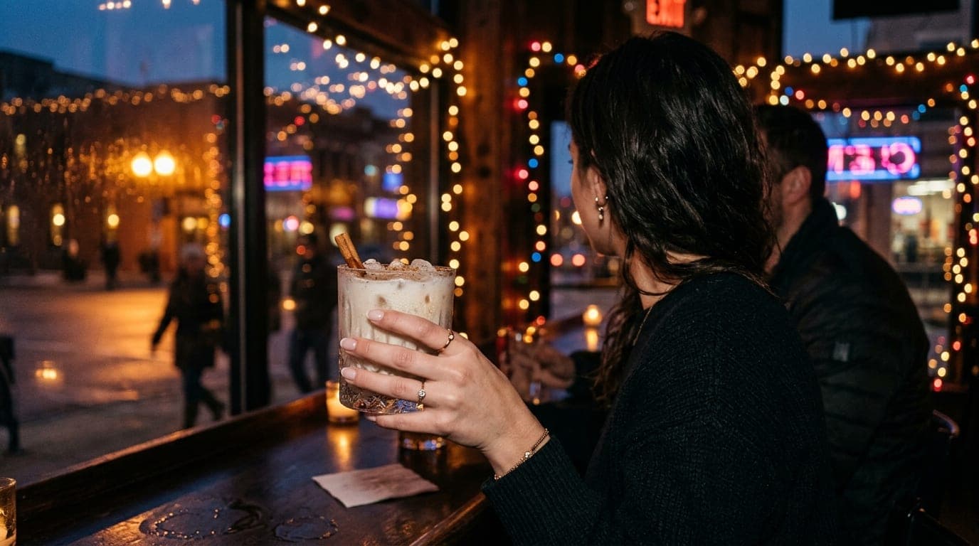 Over-the-shoulder macro shot of a hand holding a chilled Dirty Snowball cocktail at Cleo’s, blurred holiday string lights...