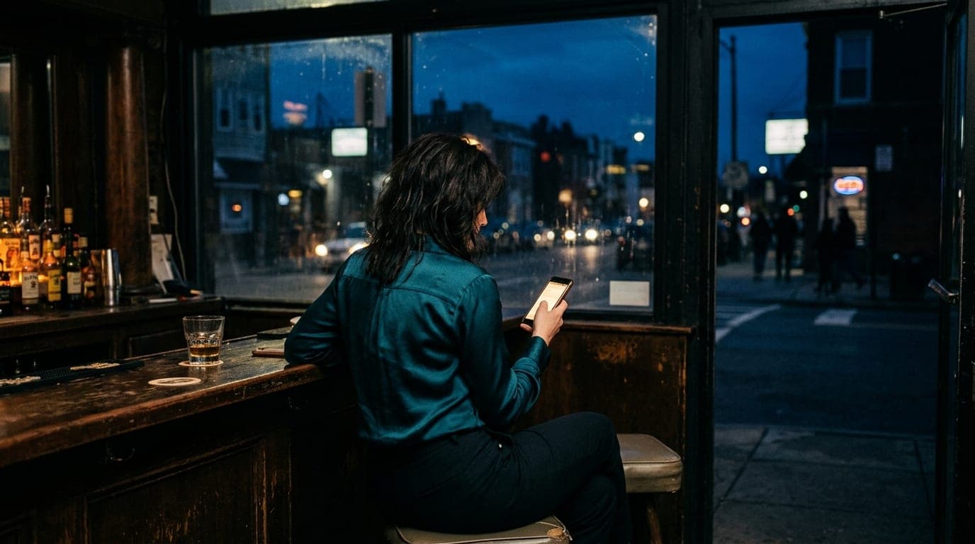 A woman in a silk blouse sits on a dimly lit barstool at a vintage Central Arlington dive. She holds a glowing smartphone,...