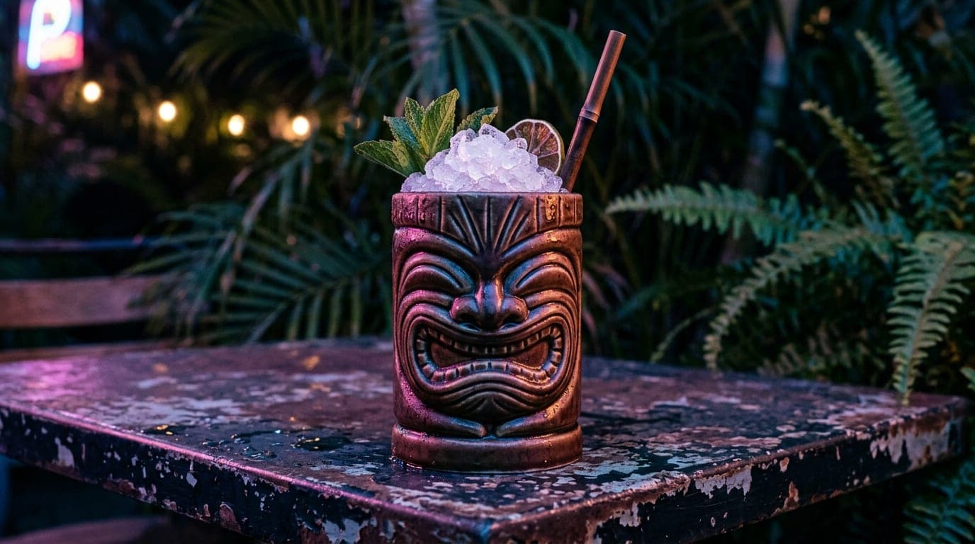 Low-angle hero shot of a neon-lit tiki mug overflowing with crushed ice on a weathered metal table at 4 Kahunas, backgroun...