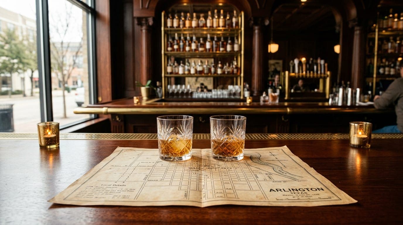 A symmetric, wide-angle shot of a polished mahogany bar in an Abram Street lounge. Two crystal tumblers half-filled with a...